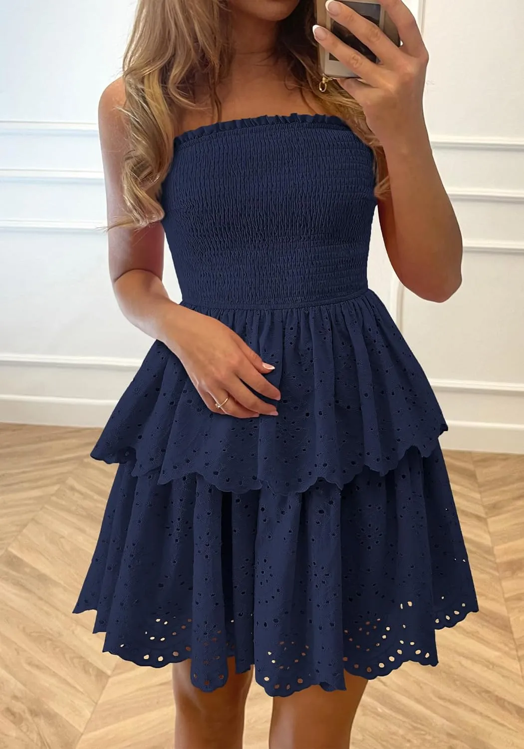 BTFBM Spring Dresses for Women 2025 Tube Strapless Mini Hollow Out Lace Wedding Guest Dress