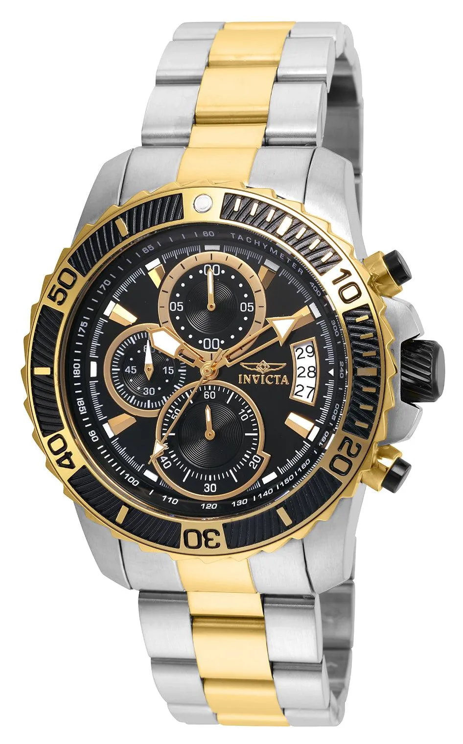 Invicta 22418 Men's Two Tone Yellow Steel Bracelet Pro Diver Chrono Black Dial Date Watch